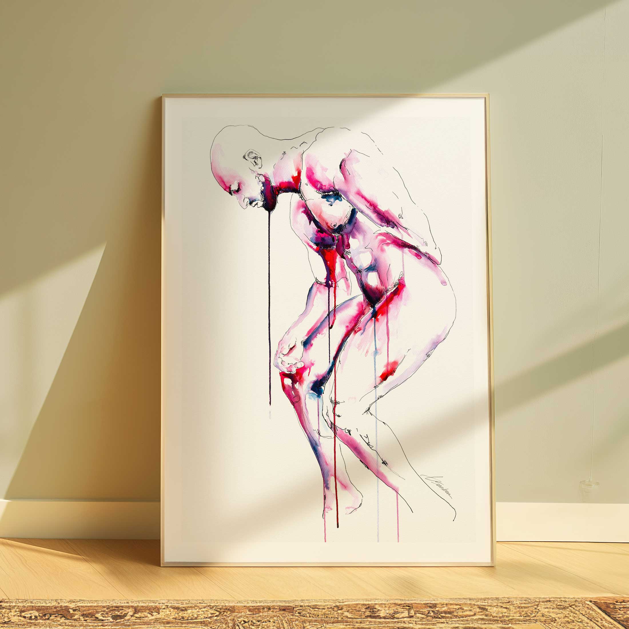 Crouching Nude Male with Tense Posture and Downcast Gaze - Art Print