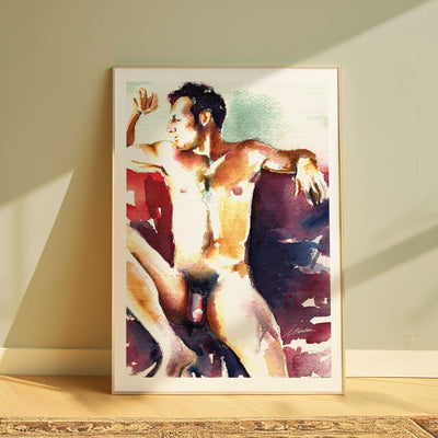 Reclining Male Nude with Strong Arms and Relaxed Expression - Art Print Artist Brenden Sanborn