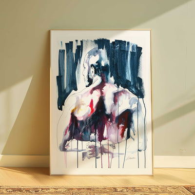 Bearded Male Figure with Broad Back in Reflective Embrace - Art Print Artist Brenden Sanborn