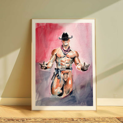 Nude Cowboy Standing in Leather Hat and Holster - Art Print Artist Brenden Sanborn