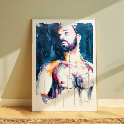 Bearded Male with Bare Chest and Introspective Gaze - Art Print Artist Brenden Sanborn