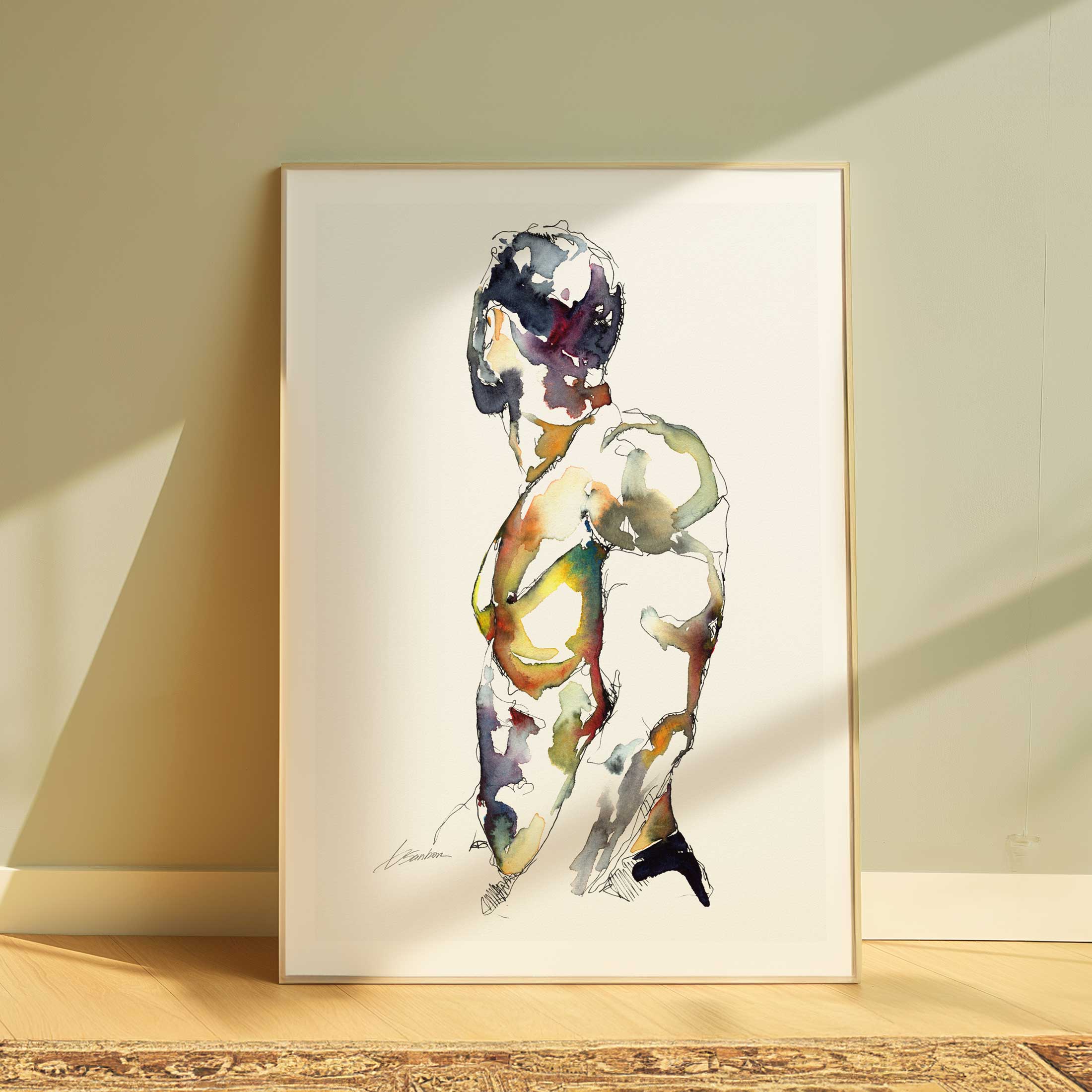 Male Figure in Vibrant Abstraction Looking Away - Art Print