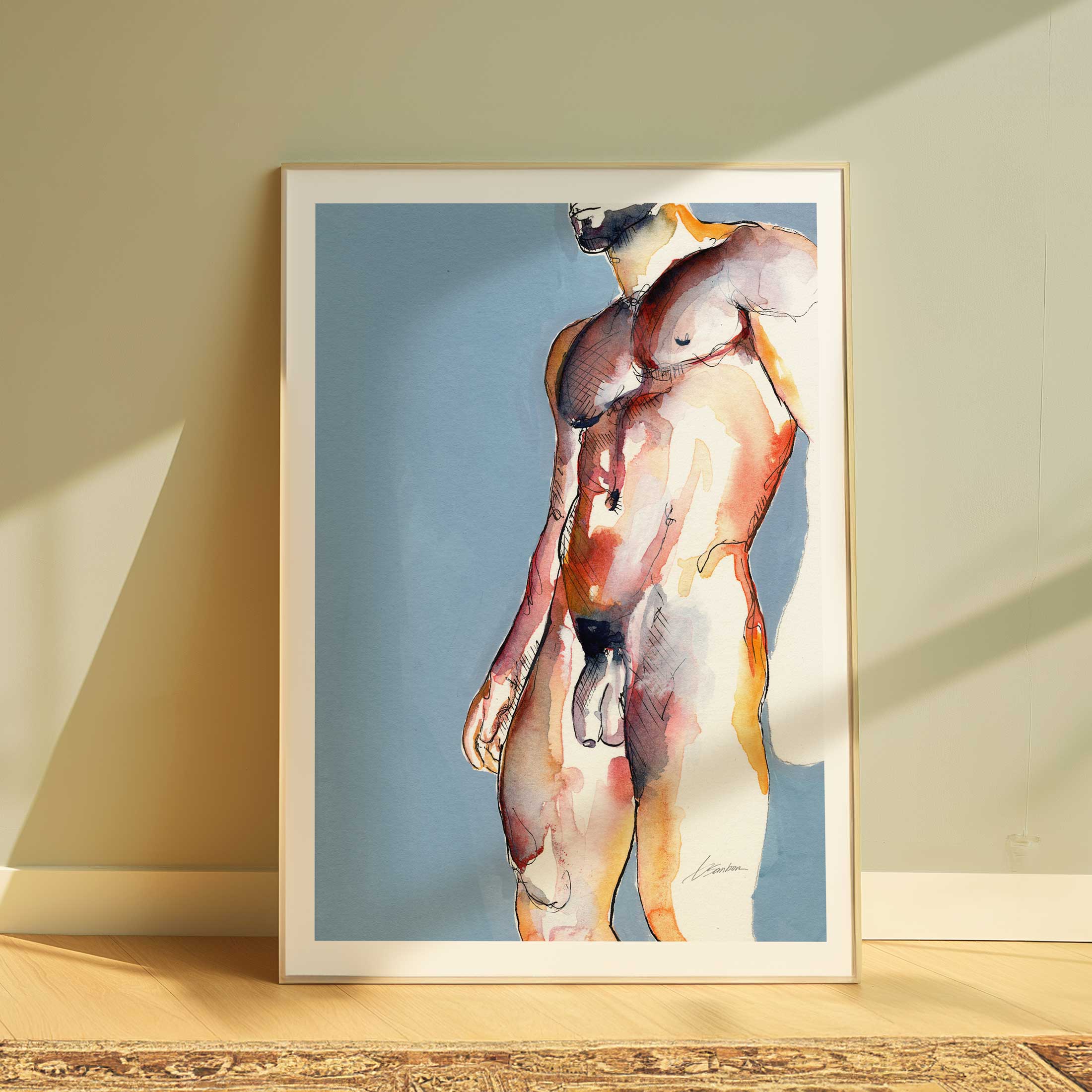 Bearded Male Nude with Defined Abs Standing in Natural Light - Art Print