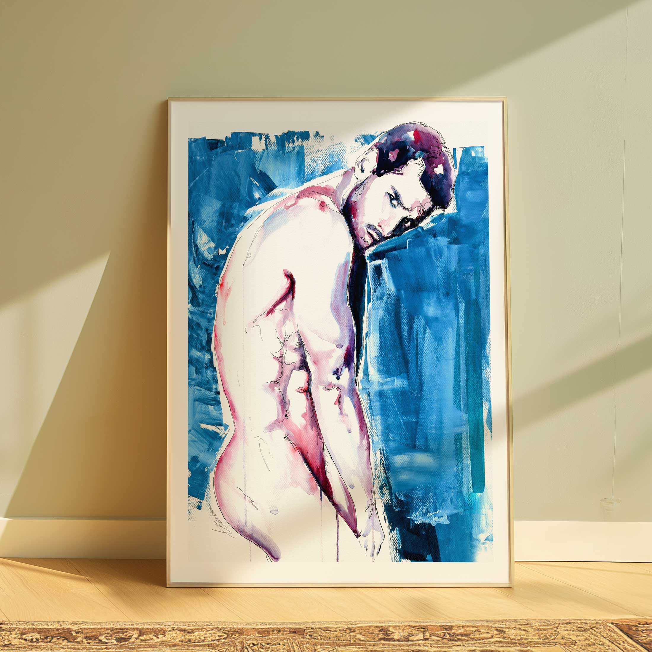 Sexy Moment of a Bare Back Leaning Against the Cool Blue - Art Print