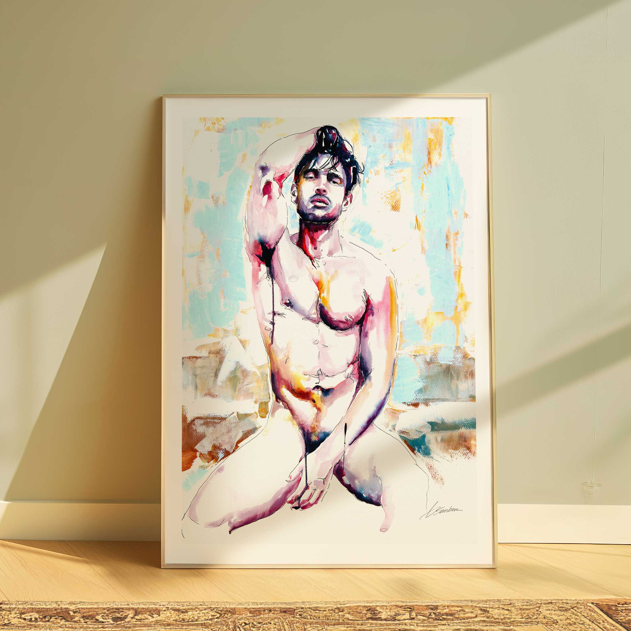 Seated Nude Male with Tousled Hair and Pensive Gaze - Art Print