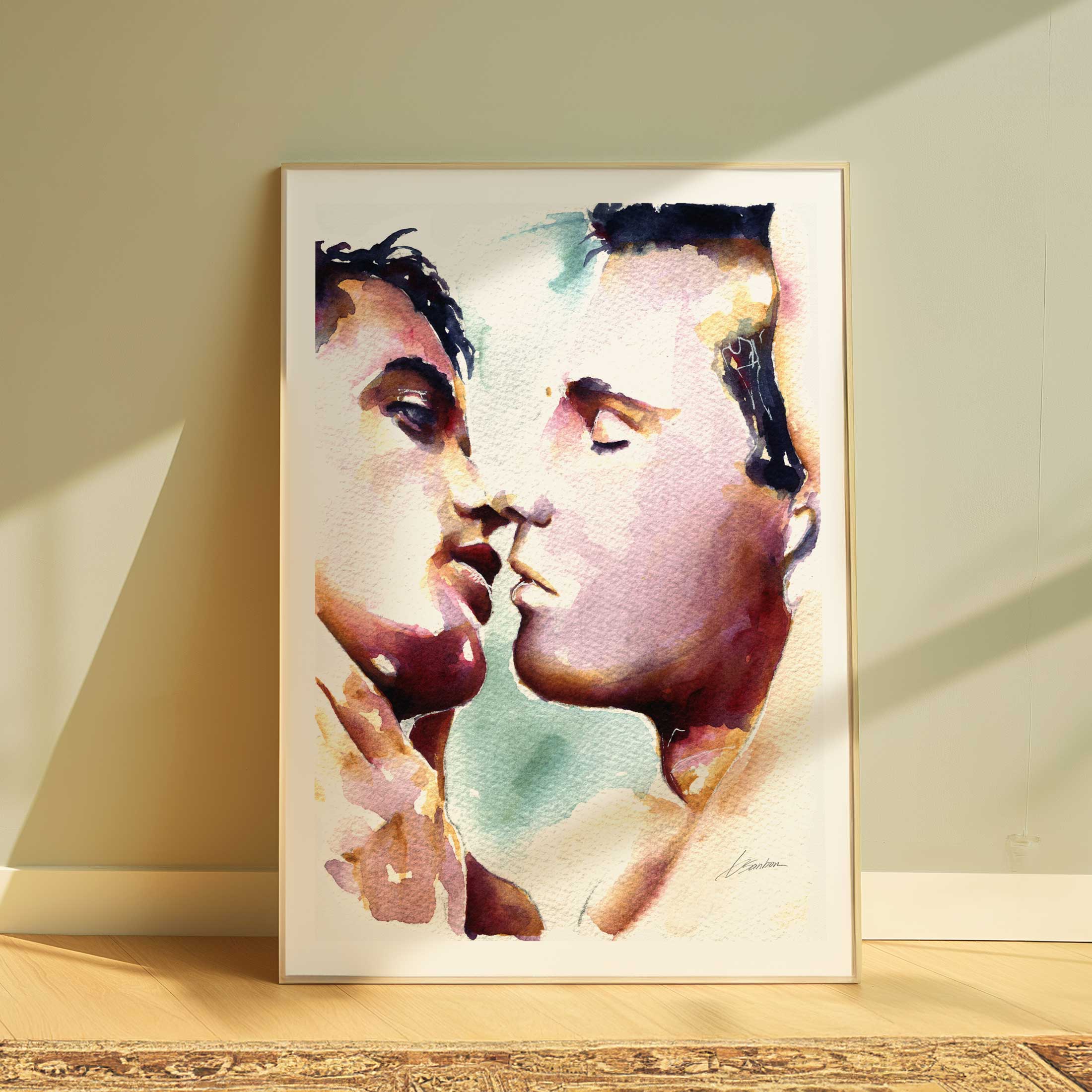 Tender Moment Between Lovers as They Lean in Close - Art Print