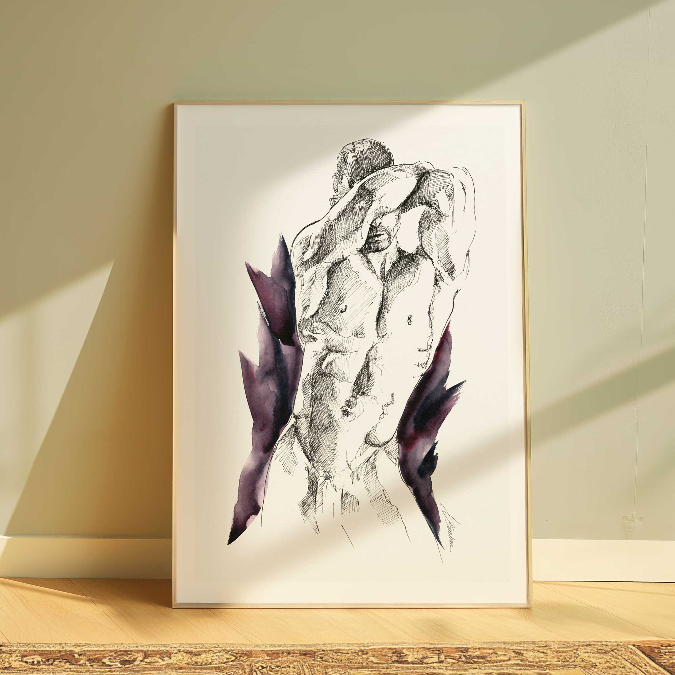 Defined Back Male Figure with Hands Behind Head - Art Print