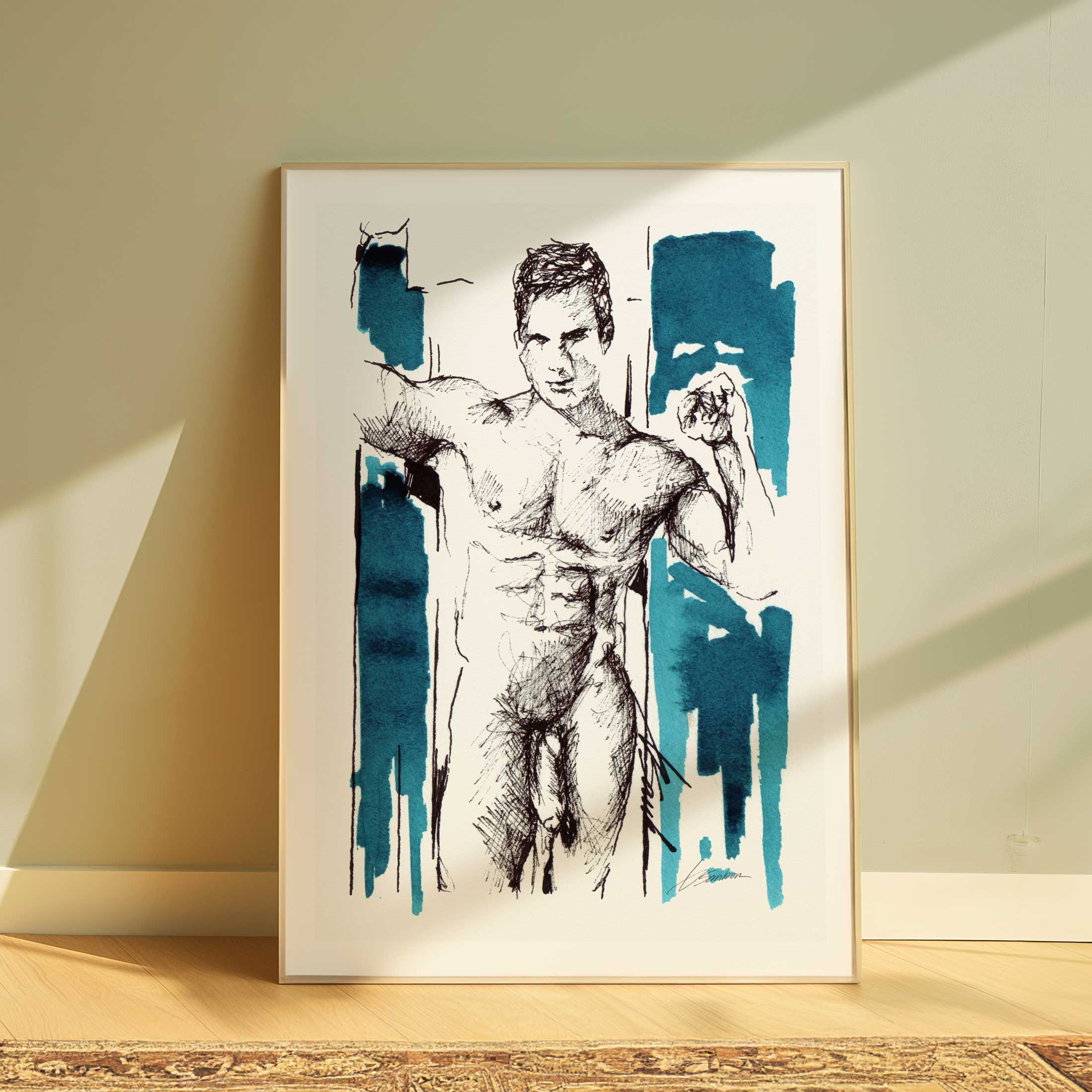 Young Male in Doorway, Smooth Body, Sexy Smile - Art Print