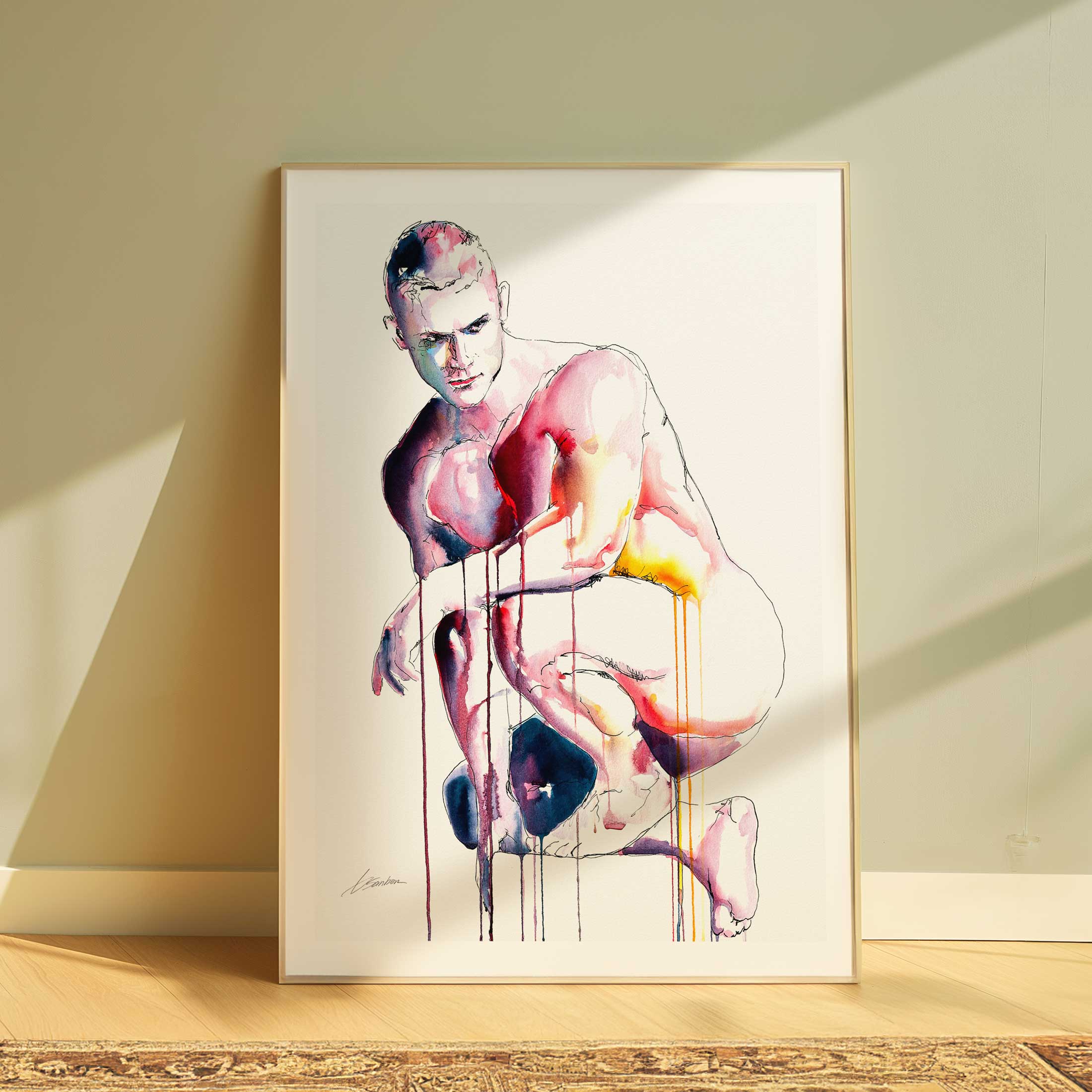 Crouched in Thought Muscular Form Highlighted by Bold Strokes - Art Print