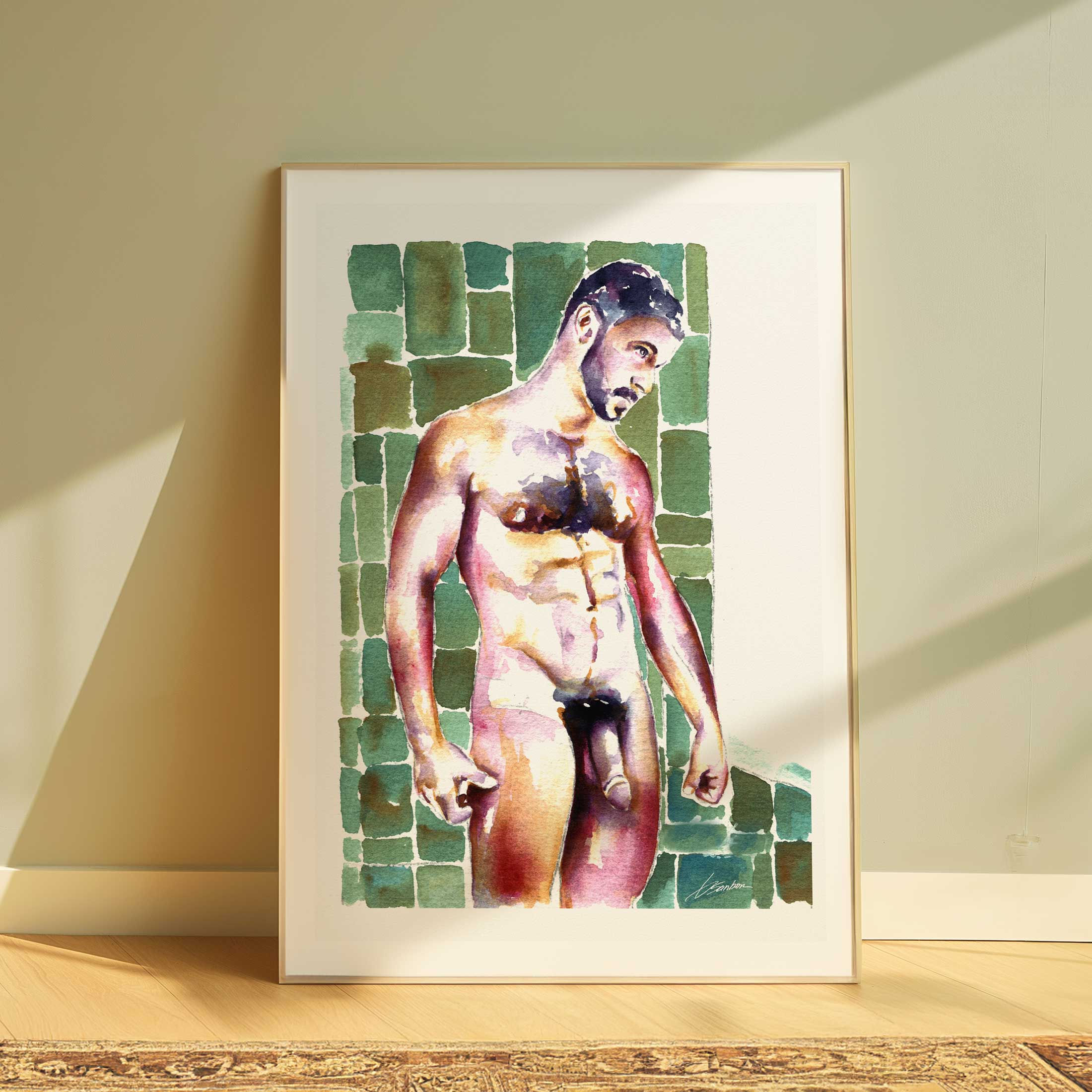 Bearded Man in Shower - Art Print