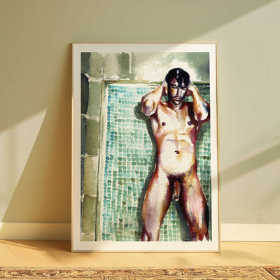 Male Nude Underwater Tiles Resting Against a Mosaic Wall - Art Print Artist Brenden Sanborn