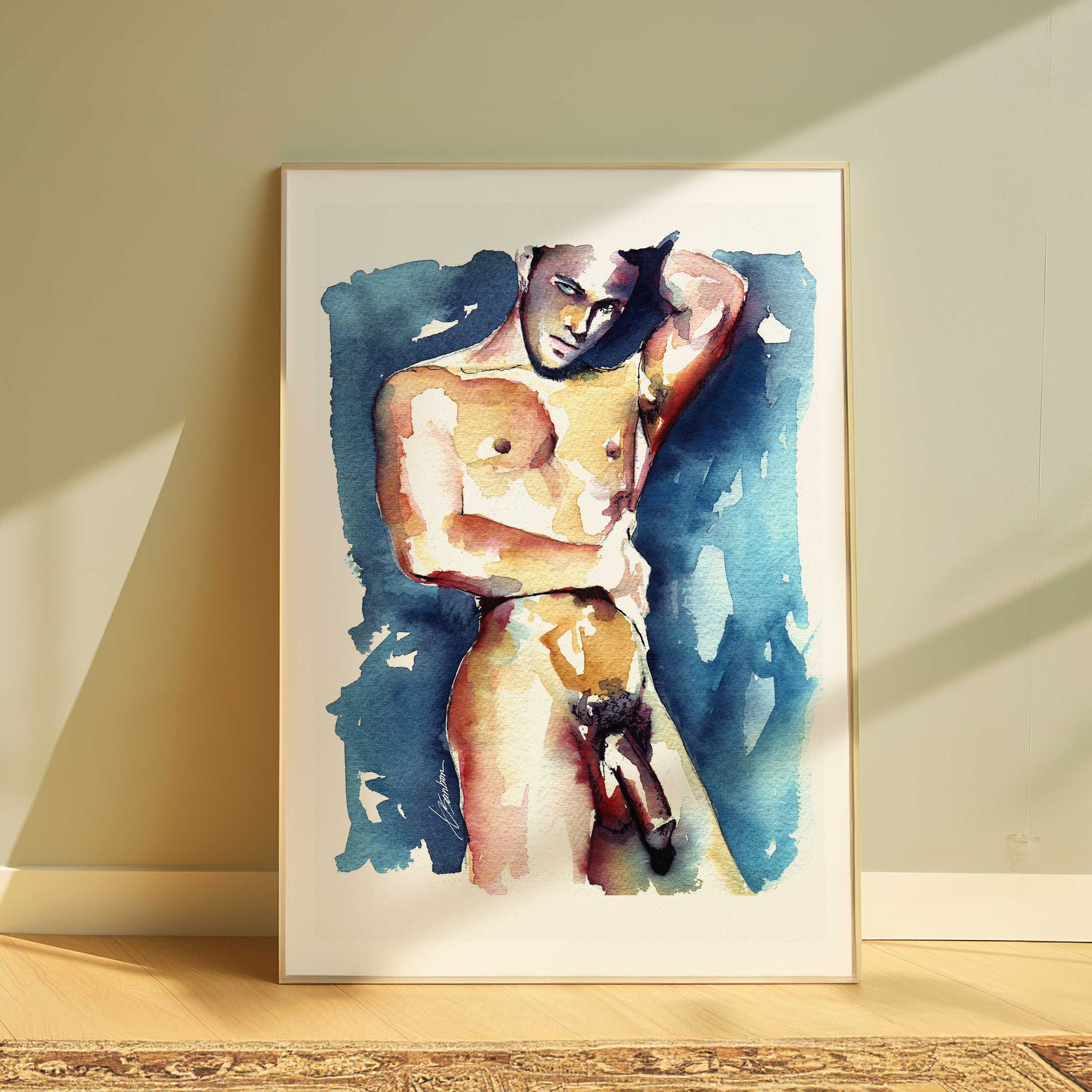 Nude Male Leaning Against the Wall - Art Print