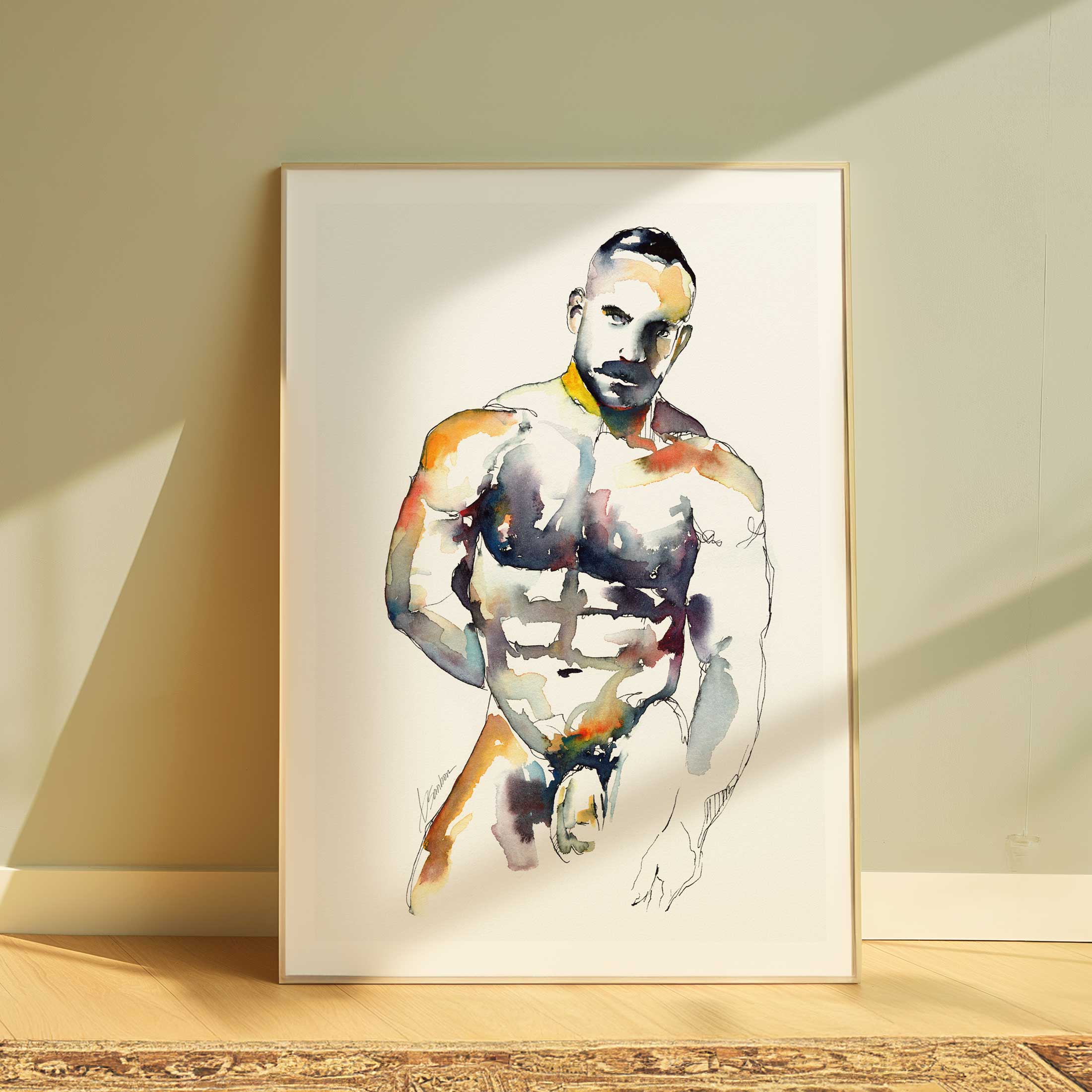 Muscular Male Nude with Intense Stare and Chiseled Abs - Art Print