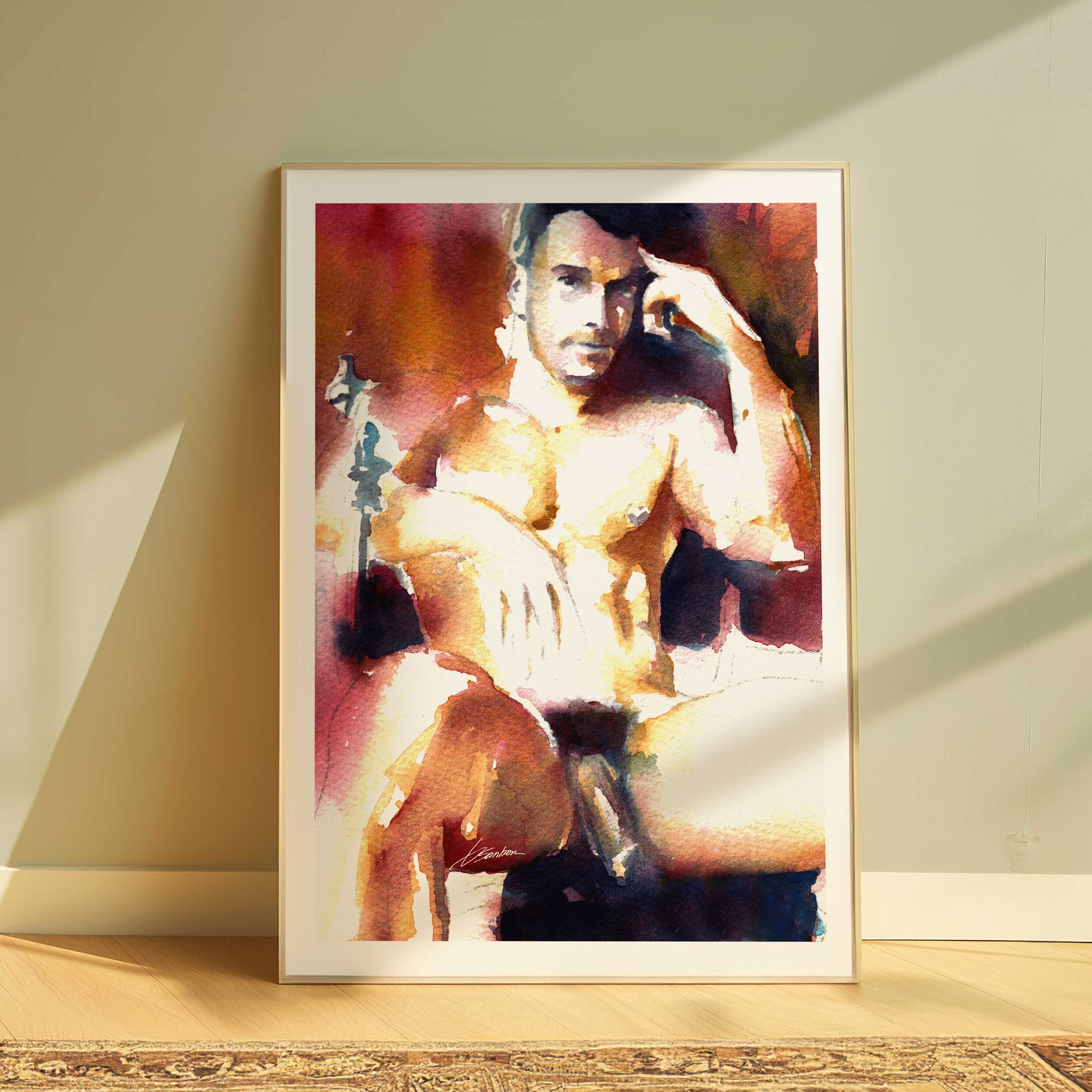 Seated Male Nude in Thoughtful Pose with Hookah Nearby - Art Print