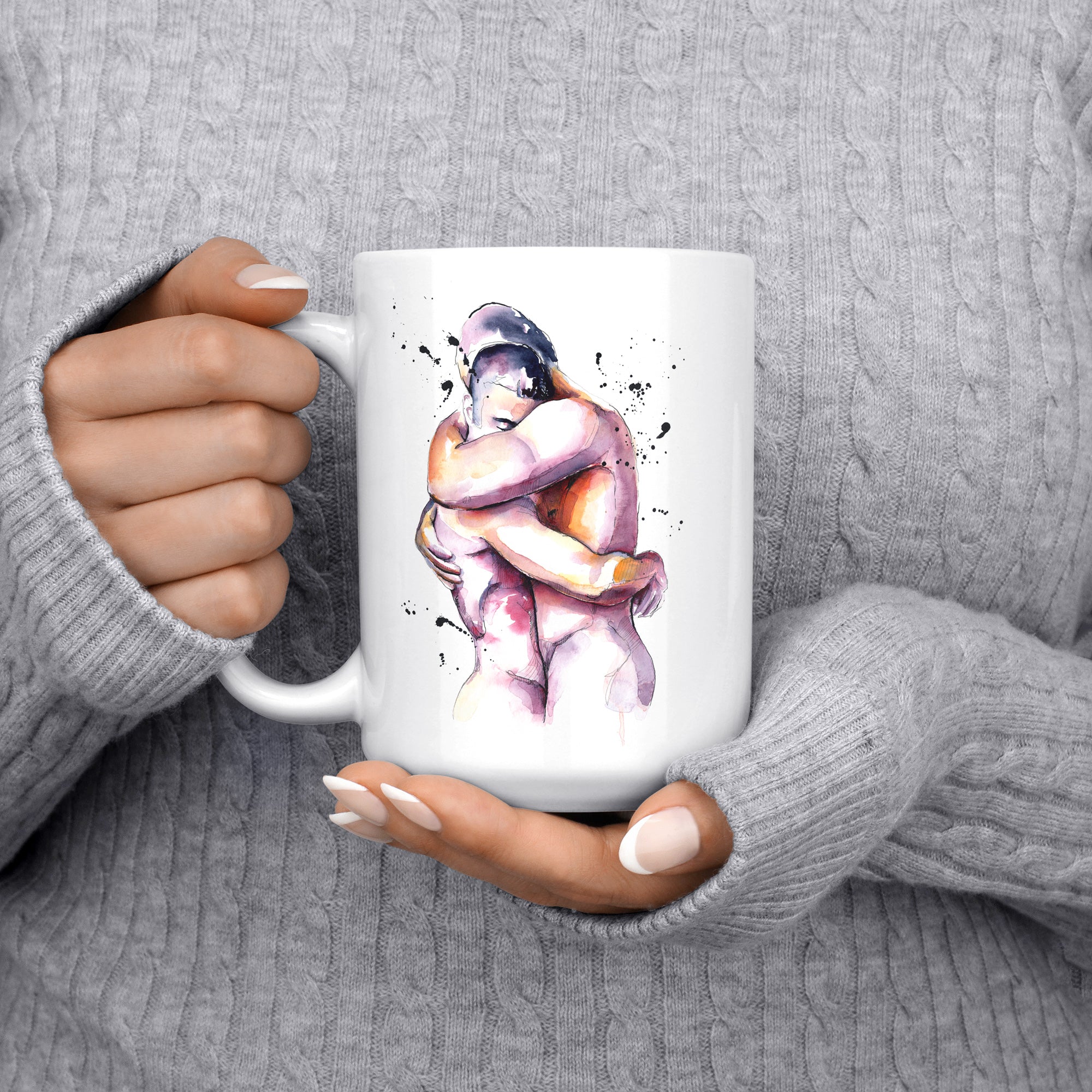 Two Nude Men Embracing in Watercolor – 11oz & 15oz Mugs