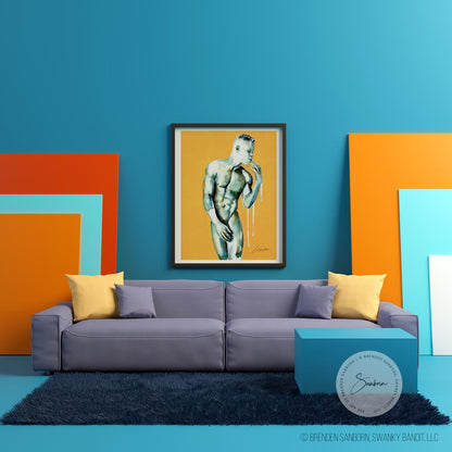 Sunkissed Solitude - Reflective Male Figure with Contemplative Gaze and Sculpted Physique - Giclee Art Print