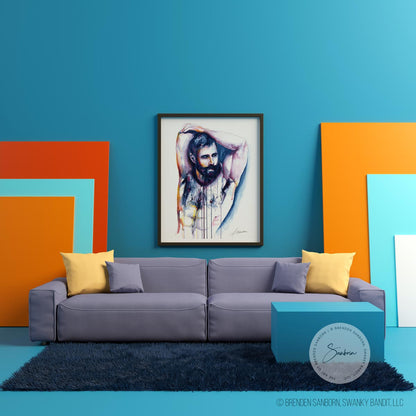 Muscular Hairy Chested Bearded Man with Deep Gaze and Flowing Colors - Giclee Art Print