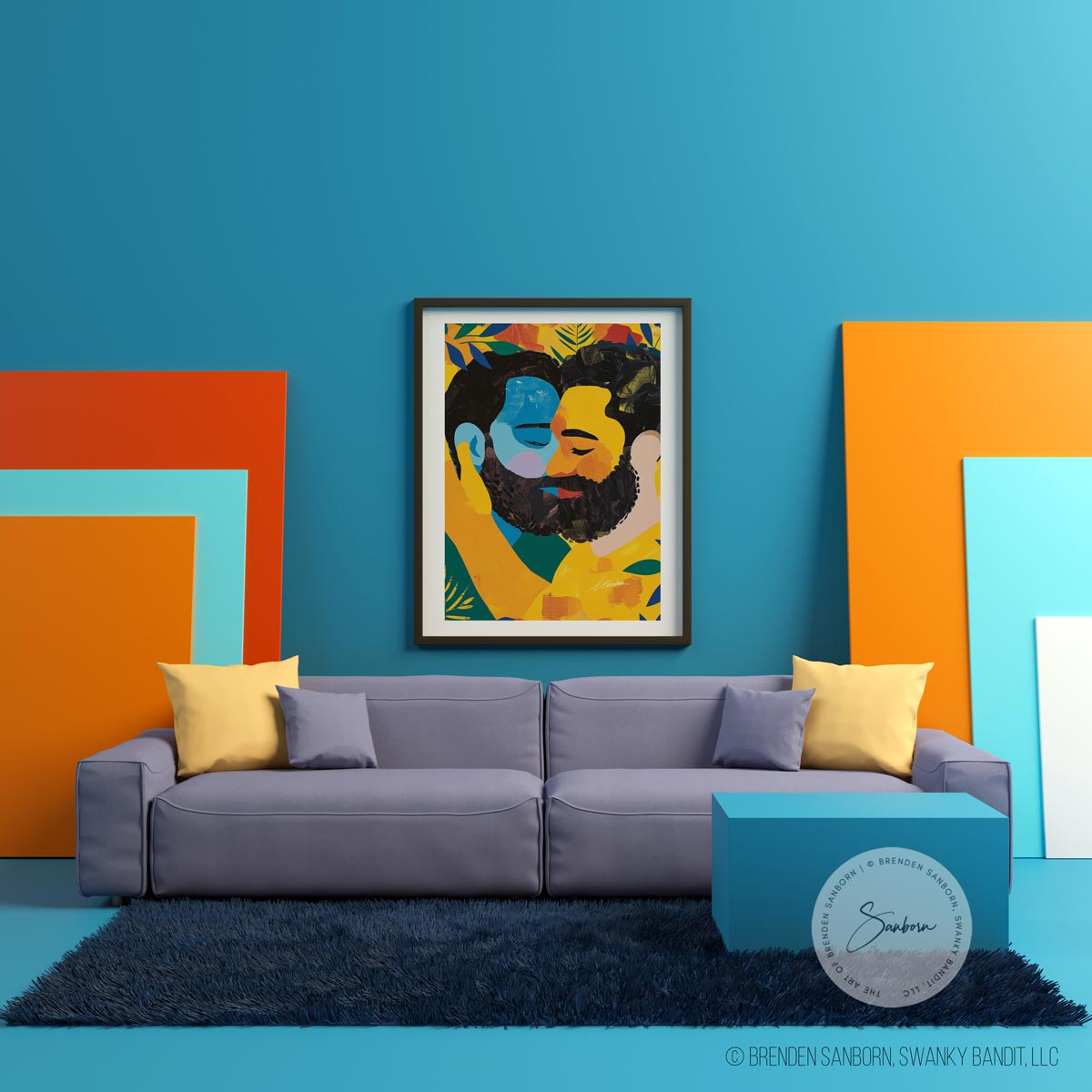 Embracing Serenity in Color: Intimate Moment Between Bearded Gay Lovers - Giclee Art Print