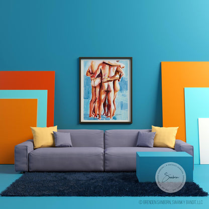 Three Males Nude in a Circle, Touching Skin by the Beach - Giclee Art Print