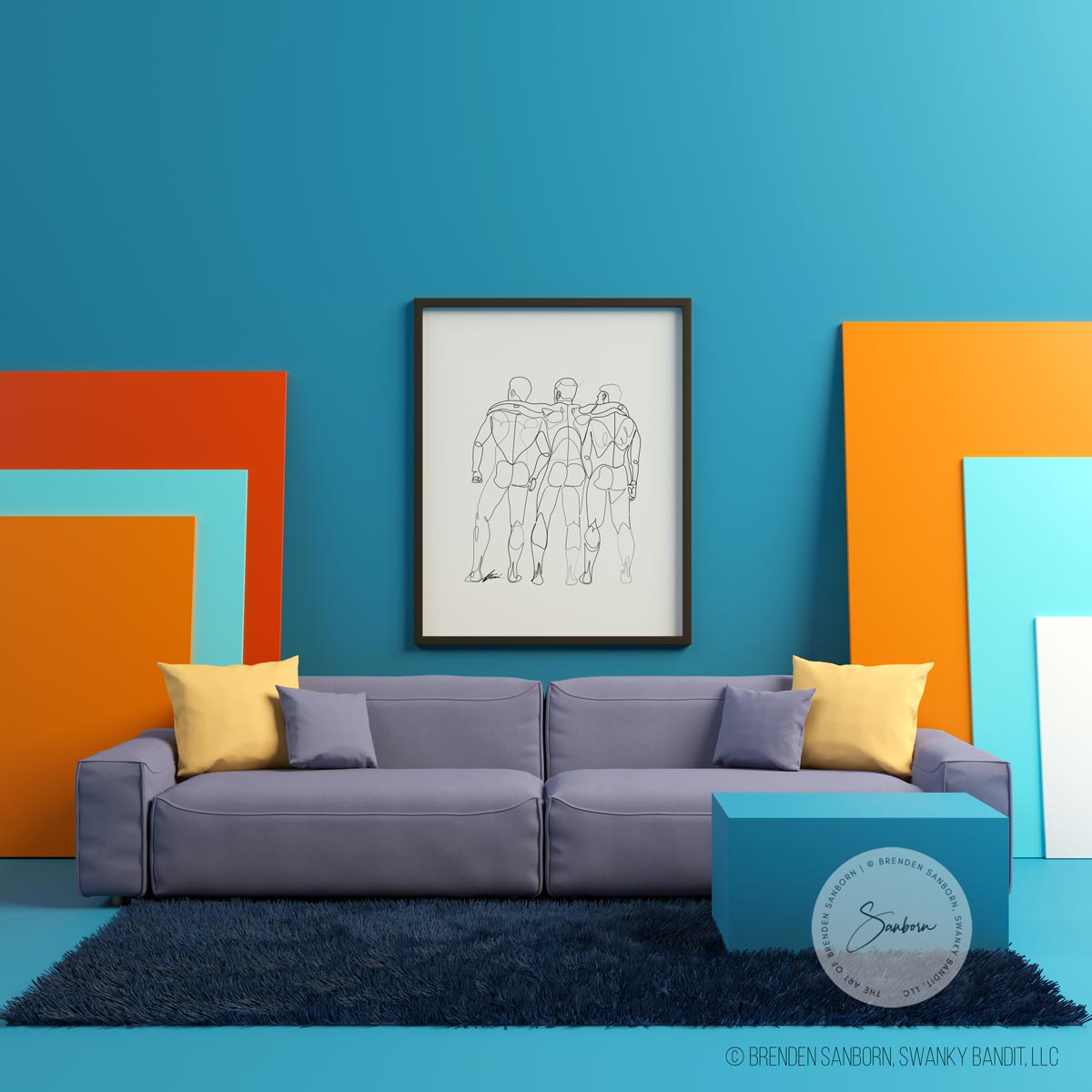 Trio of Embraced Strength - Male Lovers with Defined Features - Giclee Art Print