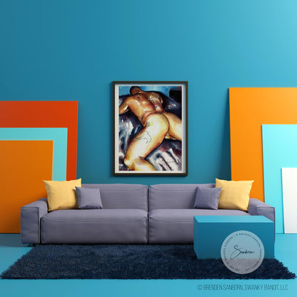 Lingering Strength: Muscular Man on Bed, Lean Physique & Firm Behind - Giclee Art Print