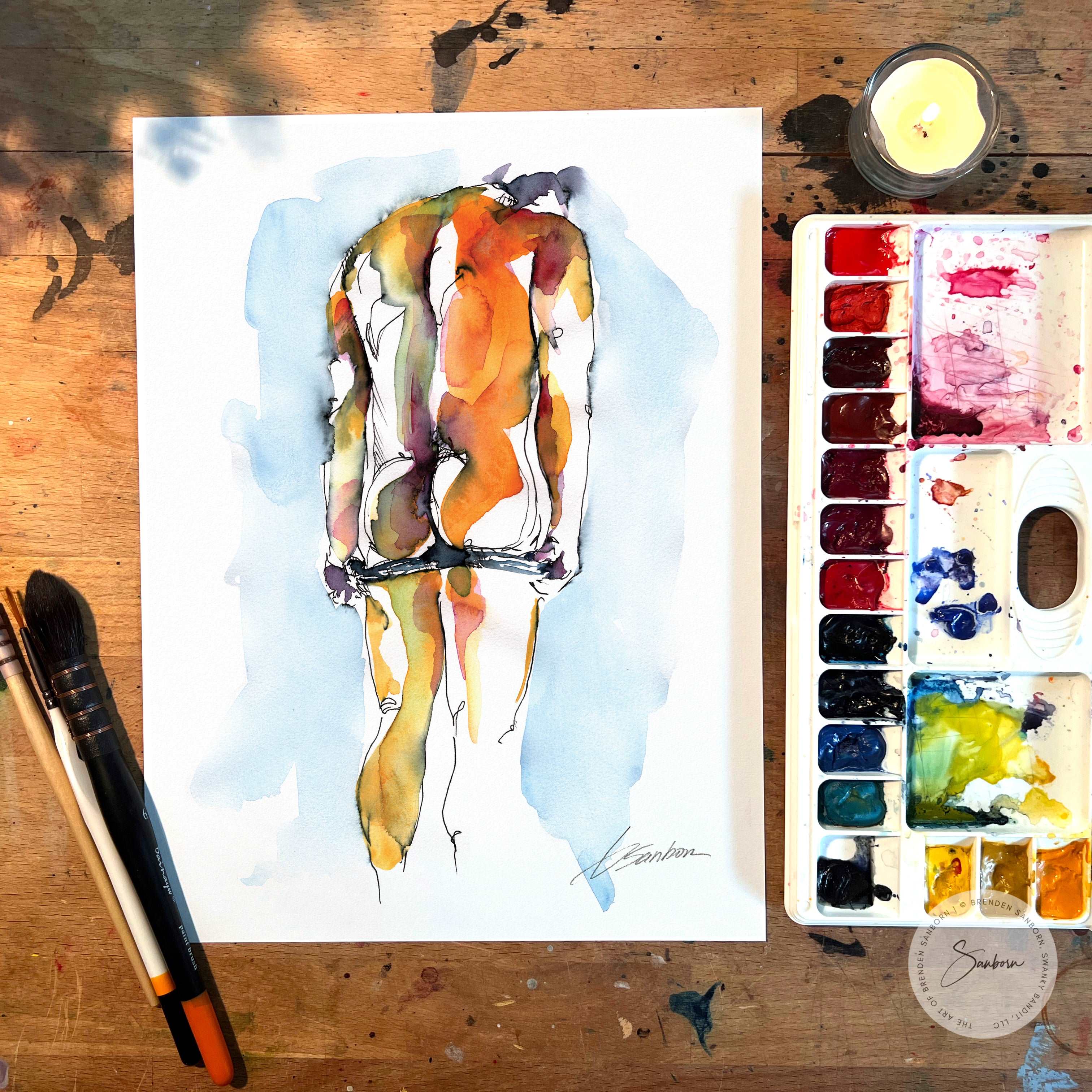 Classical Male Physique in Ink & Watercolor: A Revealing Pose