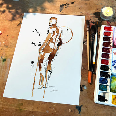 Man Standing Erotic Painting Fully Exposed - Made with Coffee Artist Brenden Sanborn