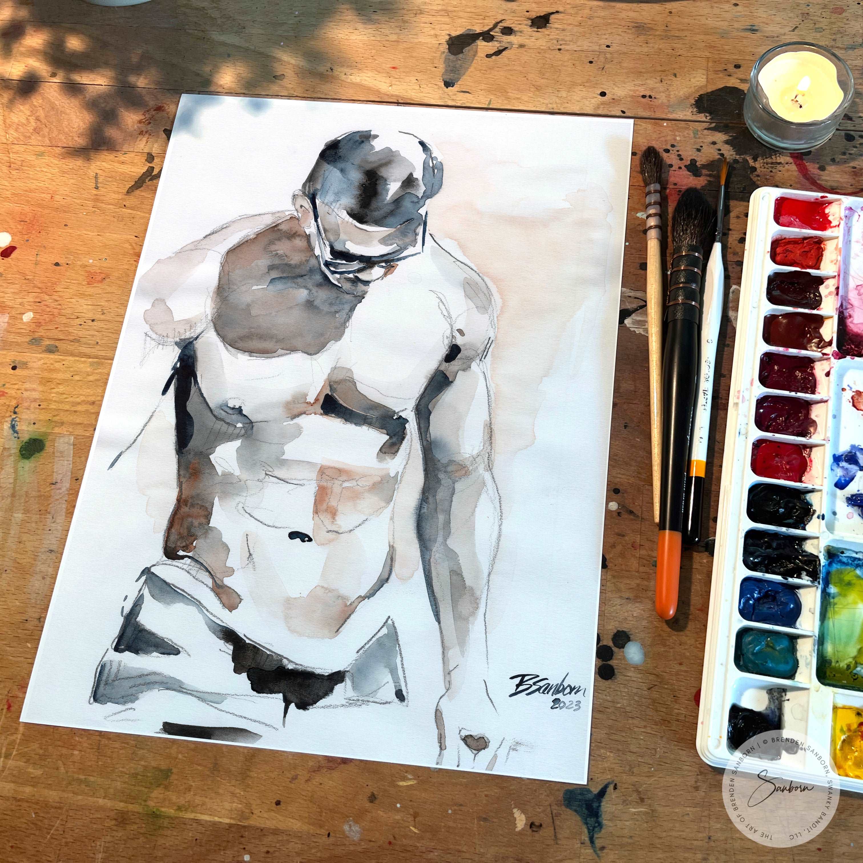 Male Torso with Dark Tonal Shades - 9x12" Original Watercolor Painting