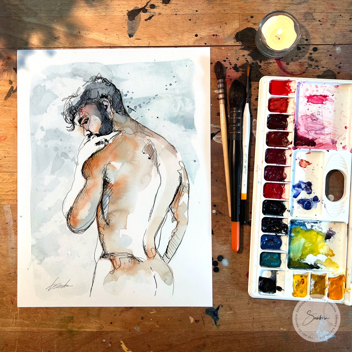 Obsidian Allure: 9x12" Watercolor of a Sensual Male with Strong Back & Raven-Hued Hair - Original by Brenden Sanborn