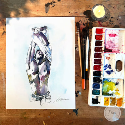 Sultry Descent of Fabric: Well-Toned Man Revealed - Original by Brenden Sanborn Artist Brenden Sanborn