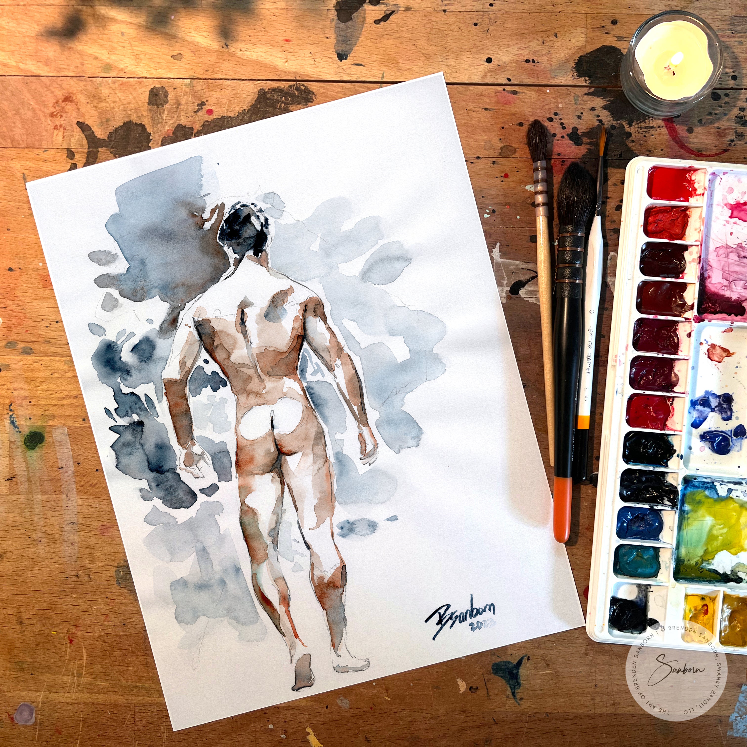 Rear View of Muscular Male, defined back muscles - 9x12" Original Watercolor Painting