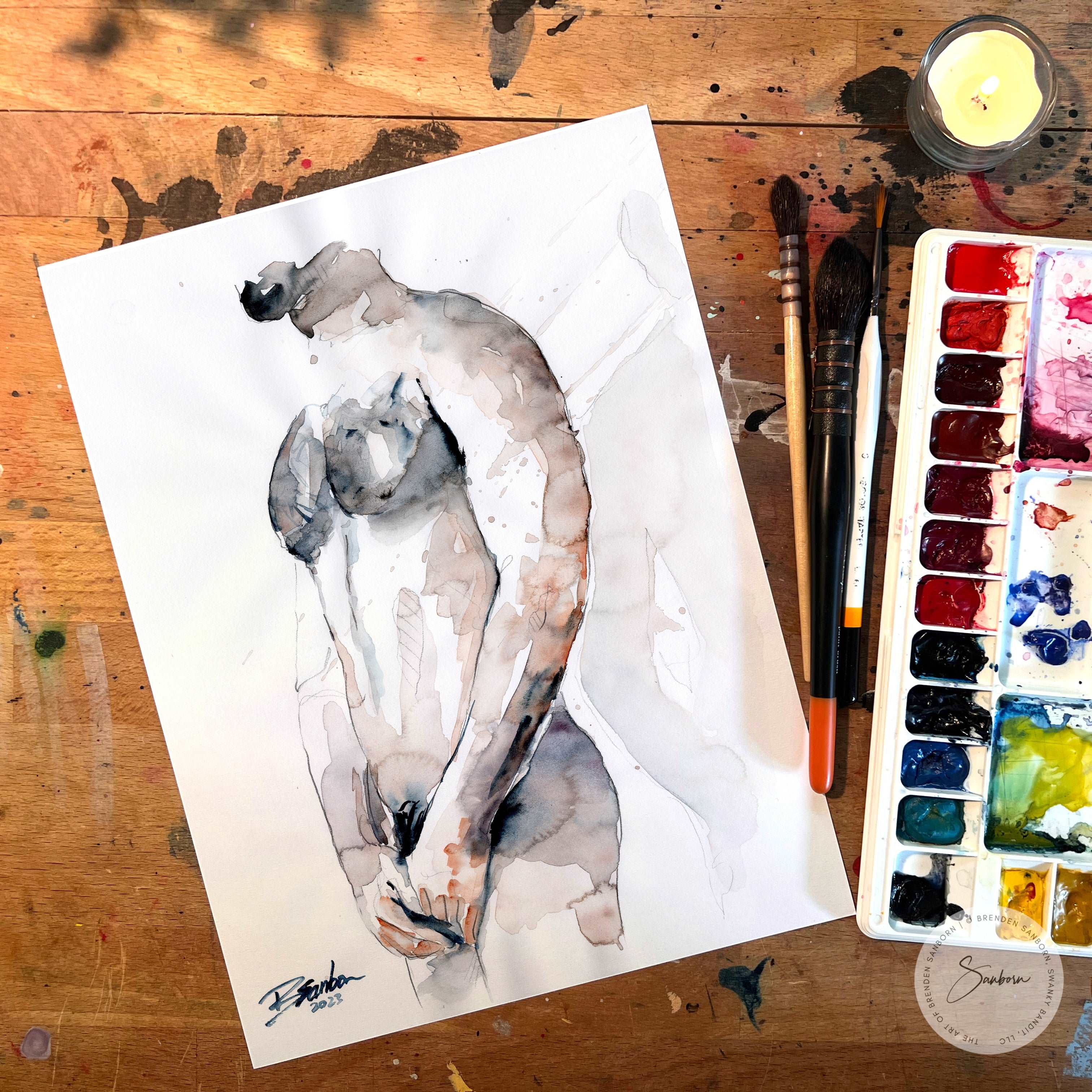 Lean Male Figure, Delicate Pose with Subtle Strength - 9x12" Original Watercolor Painting