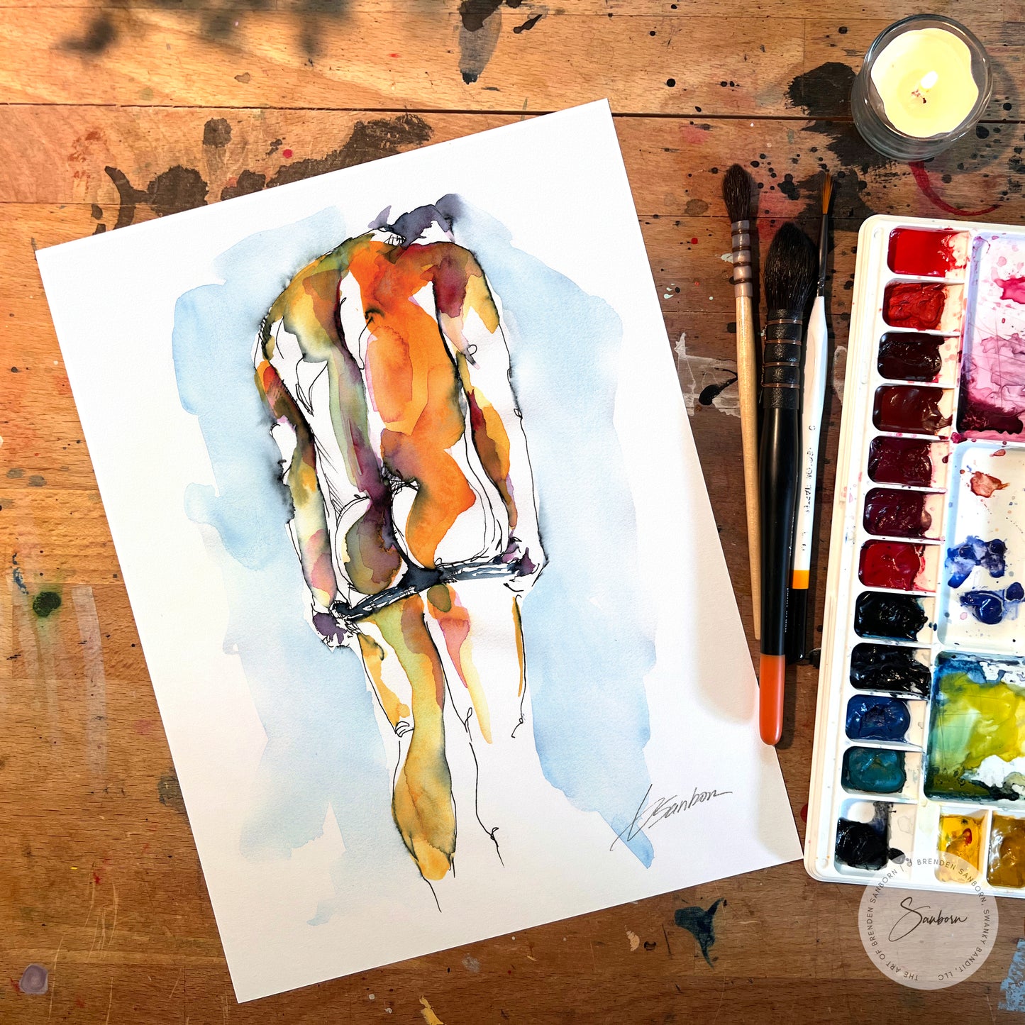 Classical Male Physique in Ink & Watercolor: A Revealing Pose