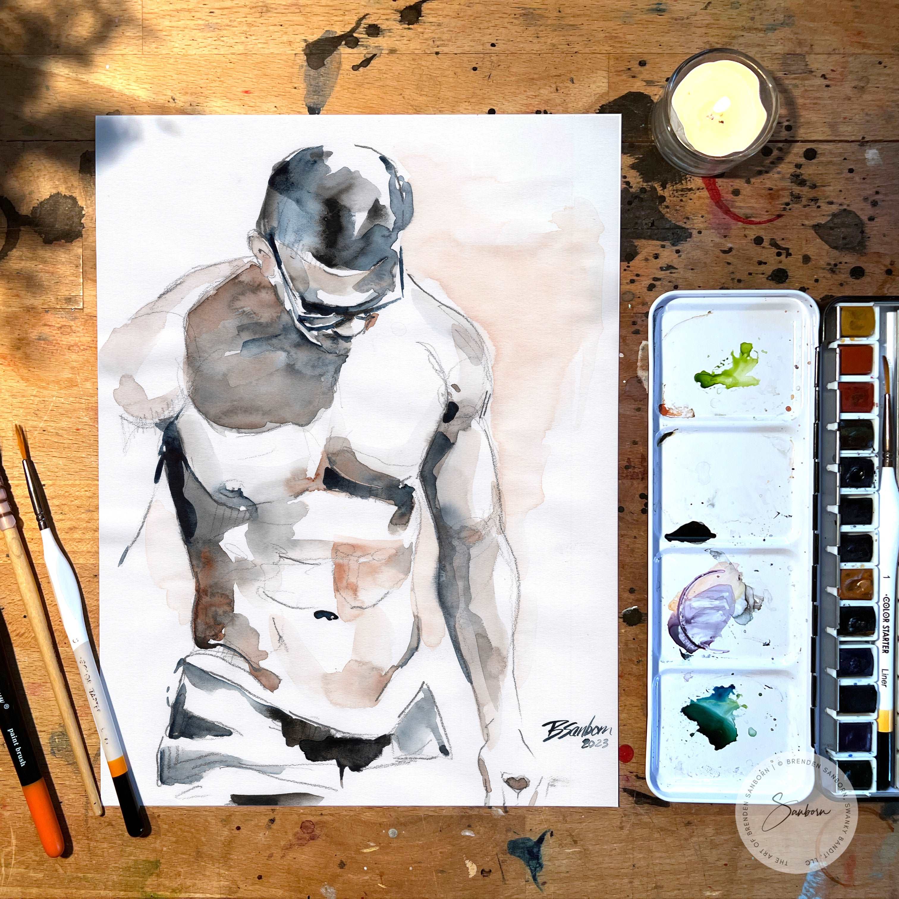 Male Torso with Dark Tonal Shades - 9x12" Original Watercolor Painting