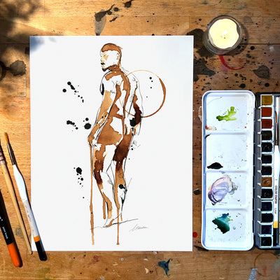Man Standing Erotic Painting Fully Exposed - Made with Coffee Artist Brenden Sanborn
