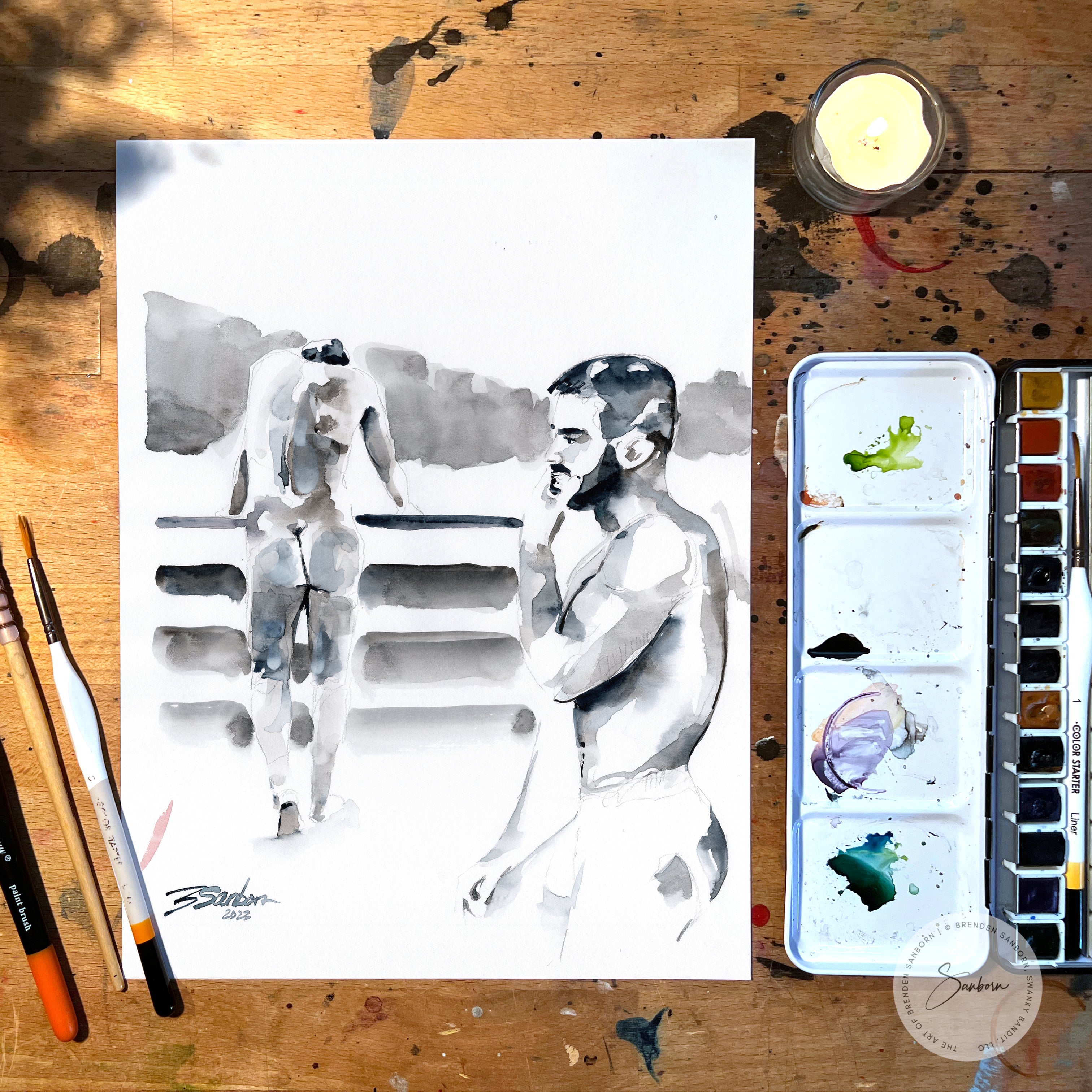 Two Male Figures, Muscular Seated Man and Standing Figure with Defined Buttocks - 9x12" Original Watercolor Painting