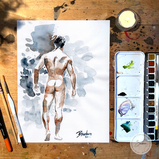 Rear View of Muscular Male, defined back muscles - 9x12" Original Watercolor Painting