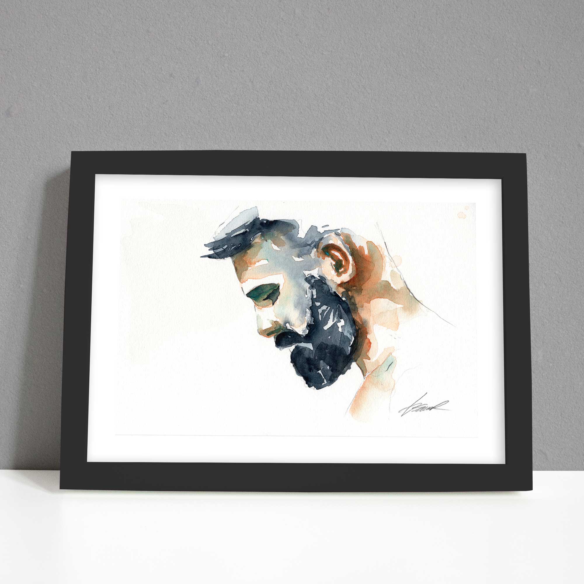 Thoughtful Gaze - Bearded Profile in Earth Tones - Original Art