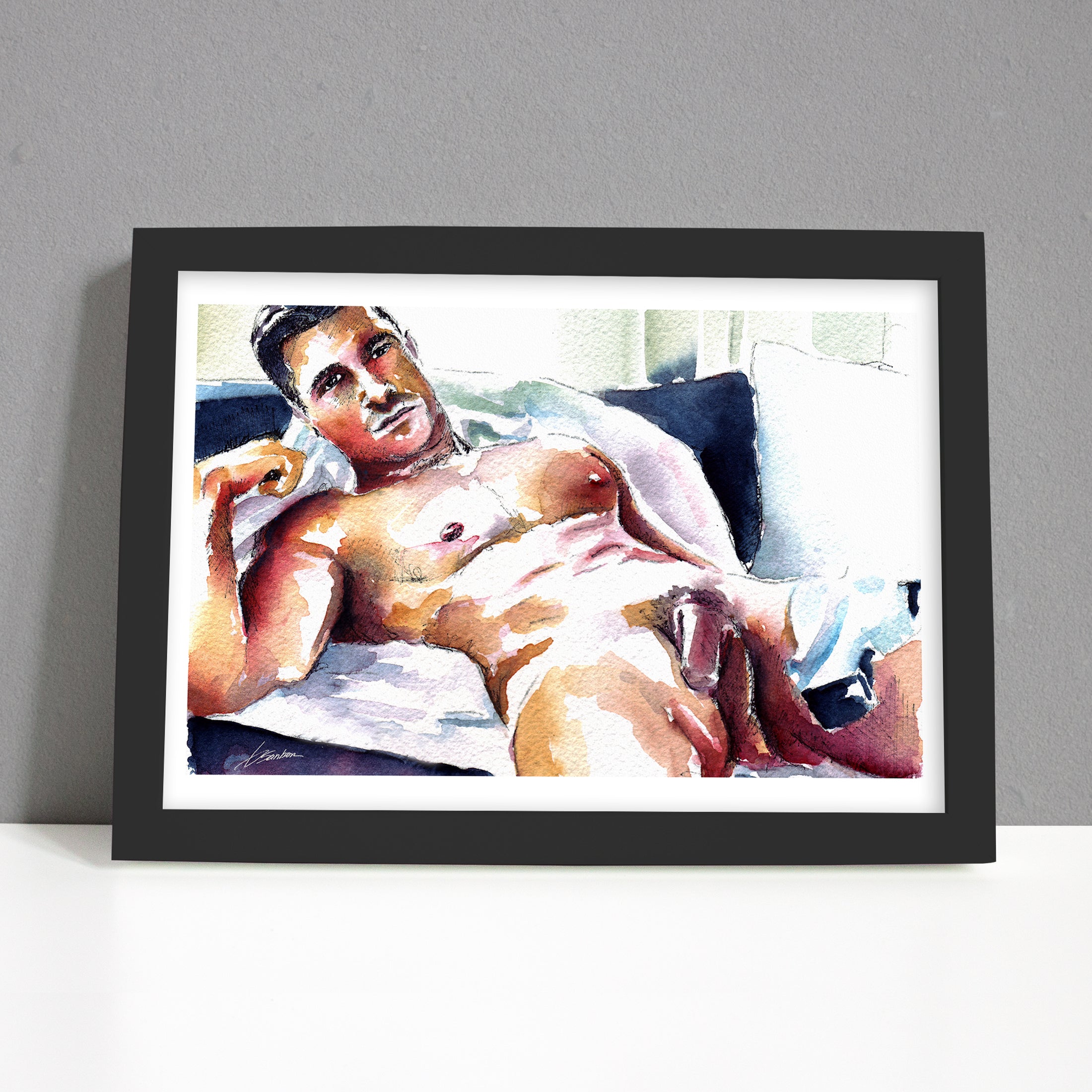 Male Nude Resting on White Sheets - Art Print