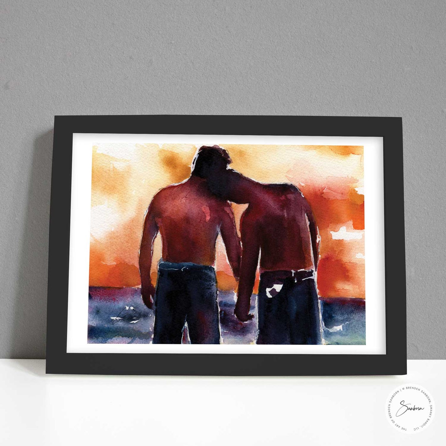 Two Men on Beach: Sunset Embrace & Loving Connection - Giclee Art Print