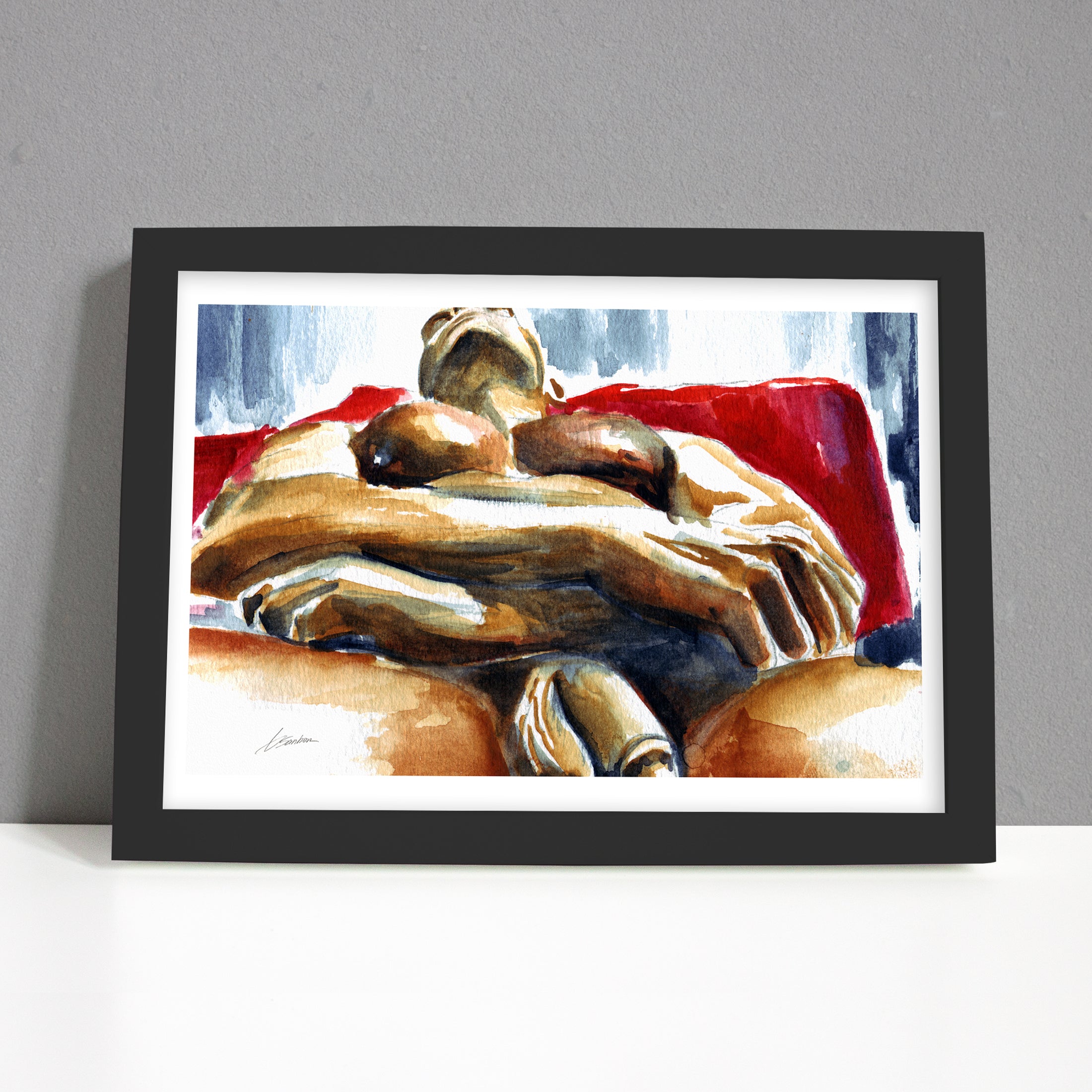 Reclined Male Nude Resting on Red - Art Print