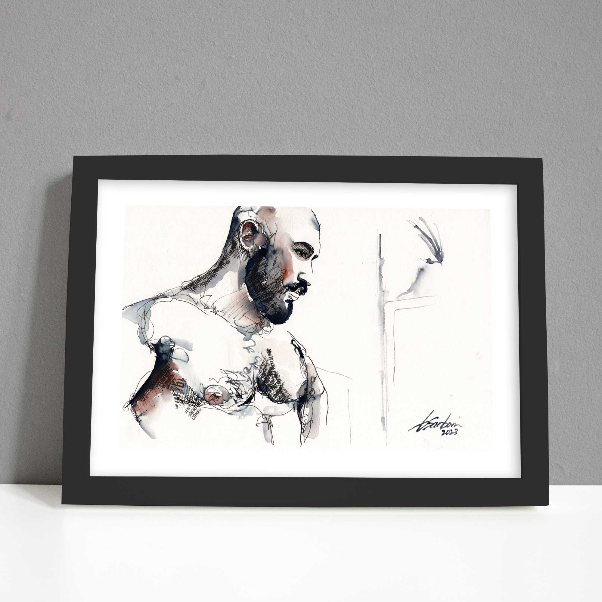 Rugged Elegance - Bearded and Muscular - 6x9" Original Watercolor and Ink Painting