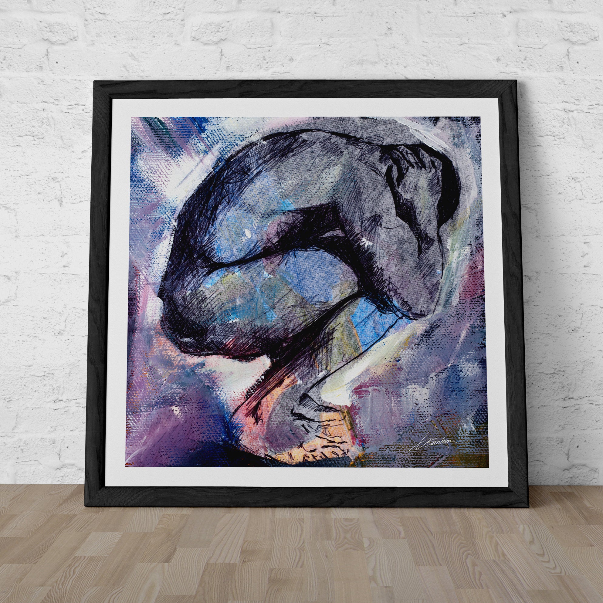 Male Figure in Fetal Pose with Dark Tones – Art Print