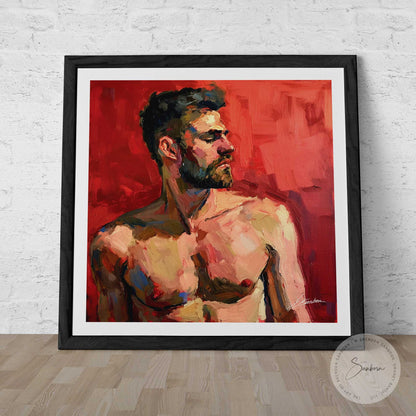 Resolute Profile - Bearded Man with Red Backdrop - Giclee Art Print