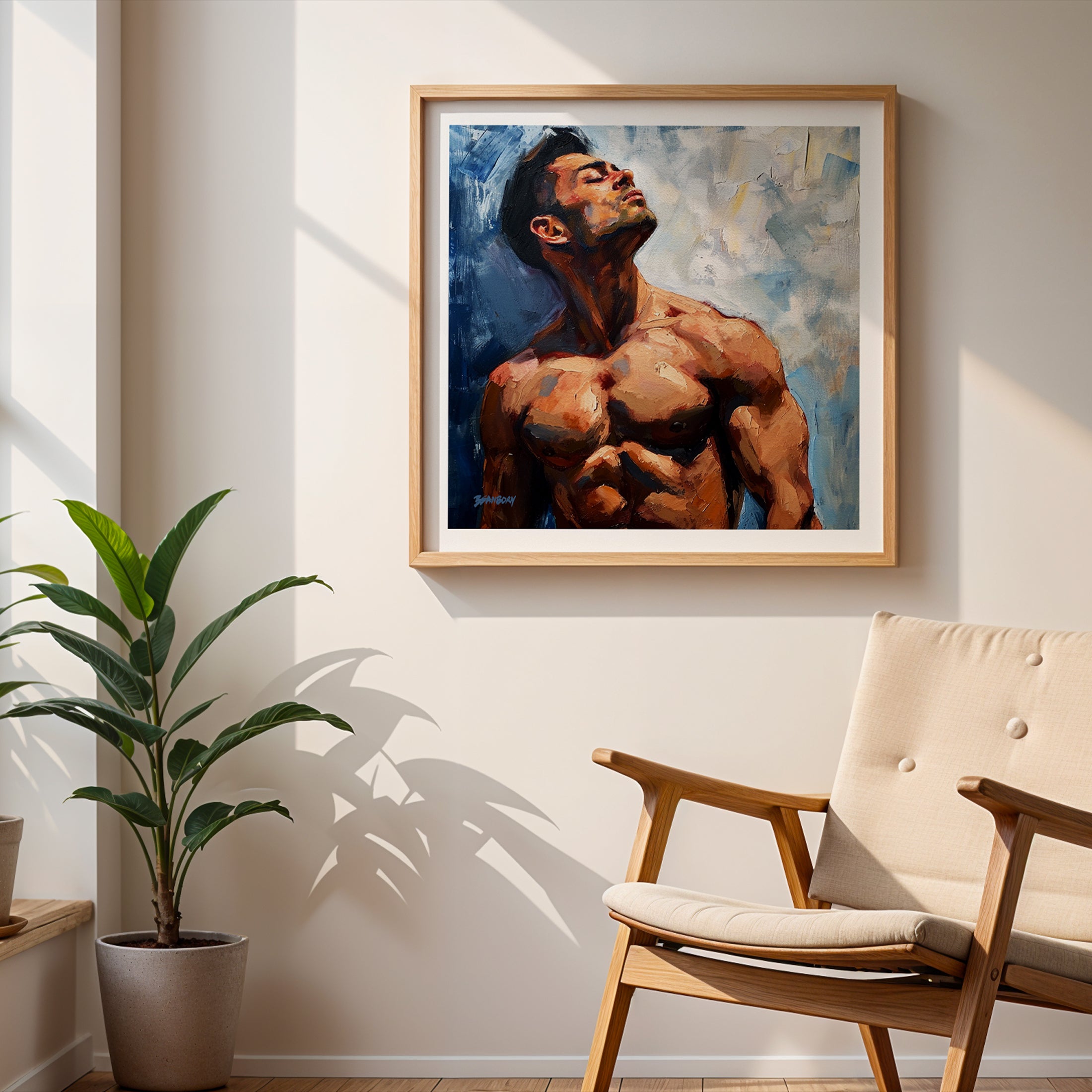 Sunlit Contours - Chiseled Physique Against Blue - Giclee Art Print