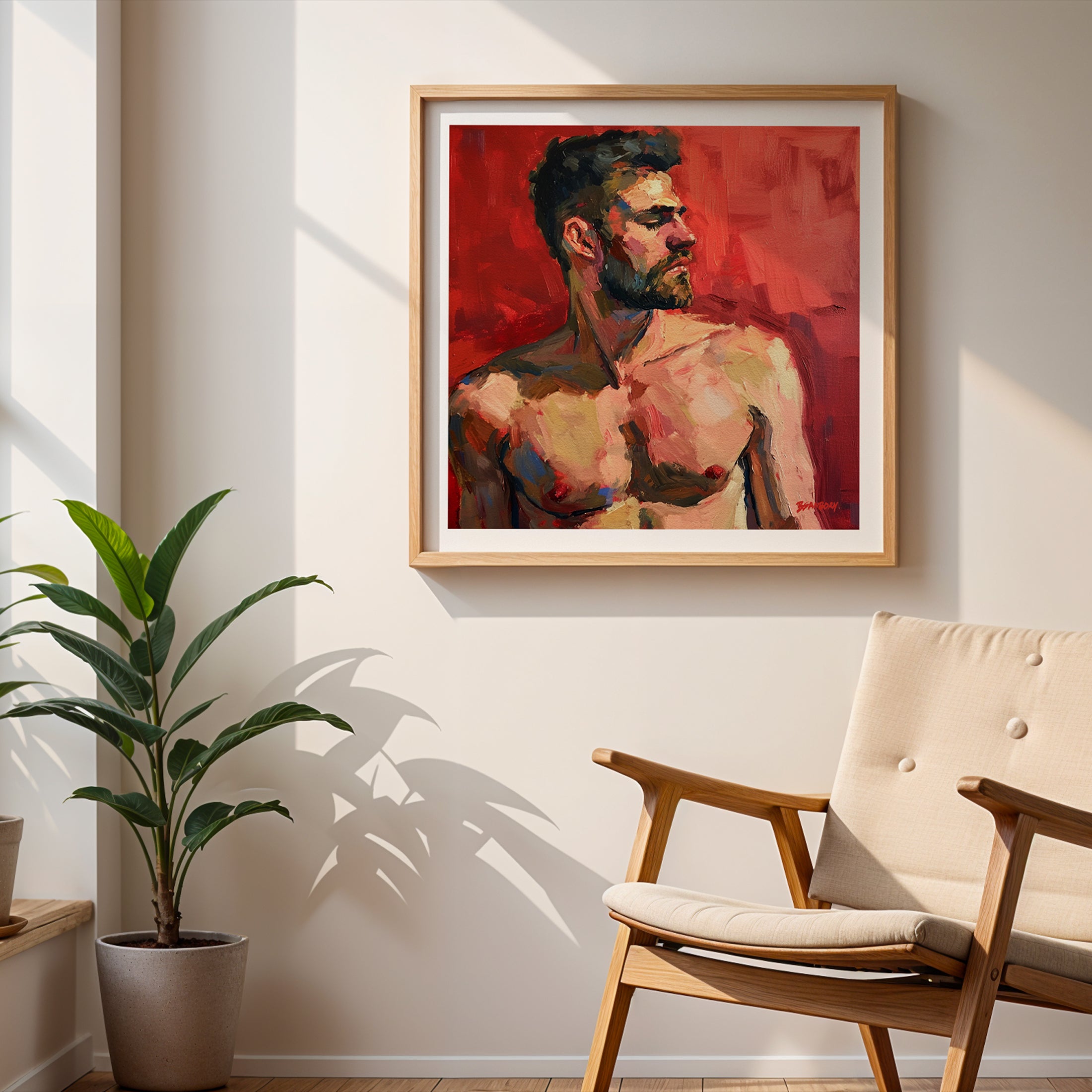 Resolute Profile - Bearded Man with Red Backdrop - Giclee Art Print