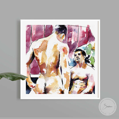 Steamy Discourse Between Muscular Male Lovers in Waters of Reflection - Giclee Art Print