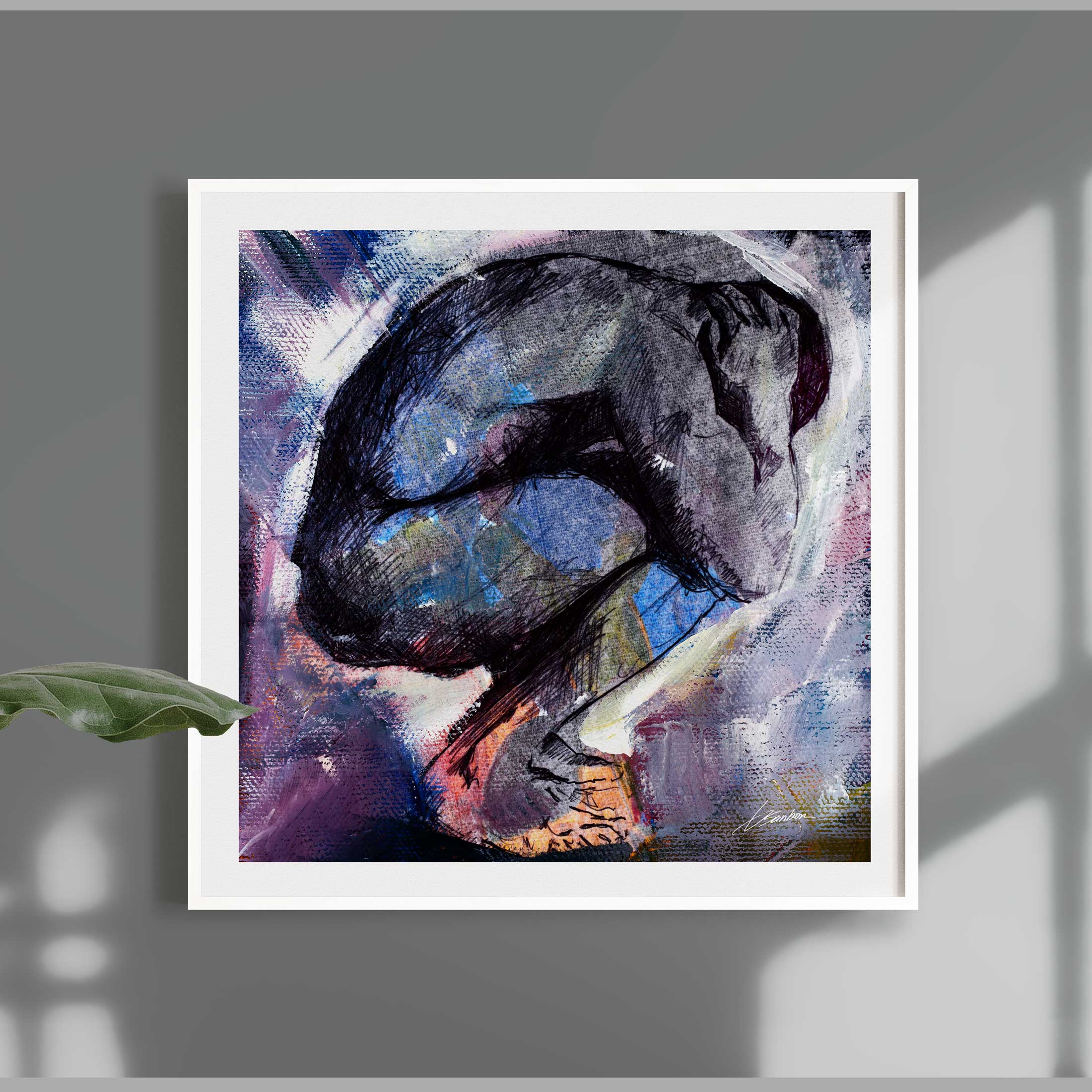 Male Figure in Fetal Pose with Dark Tones – Art Print