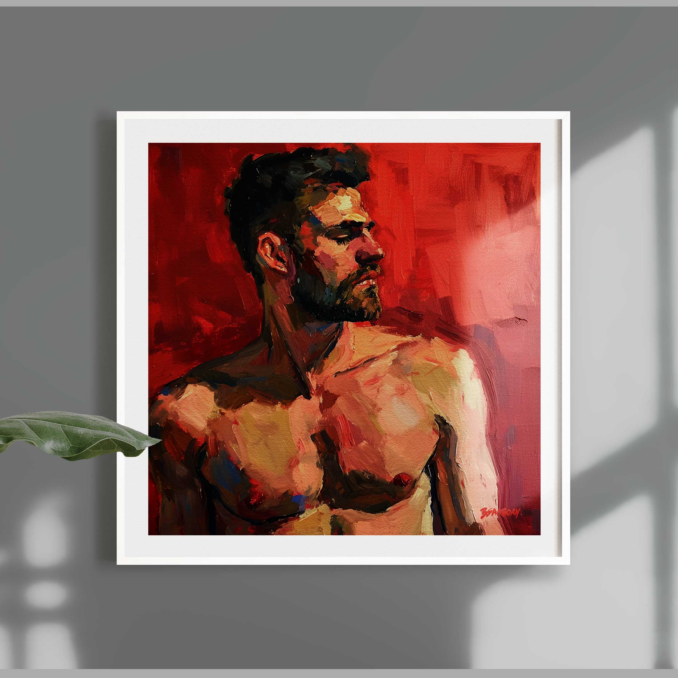 Resolute Profile - Bearded Man with Red Backdrop - Giclee Art Print