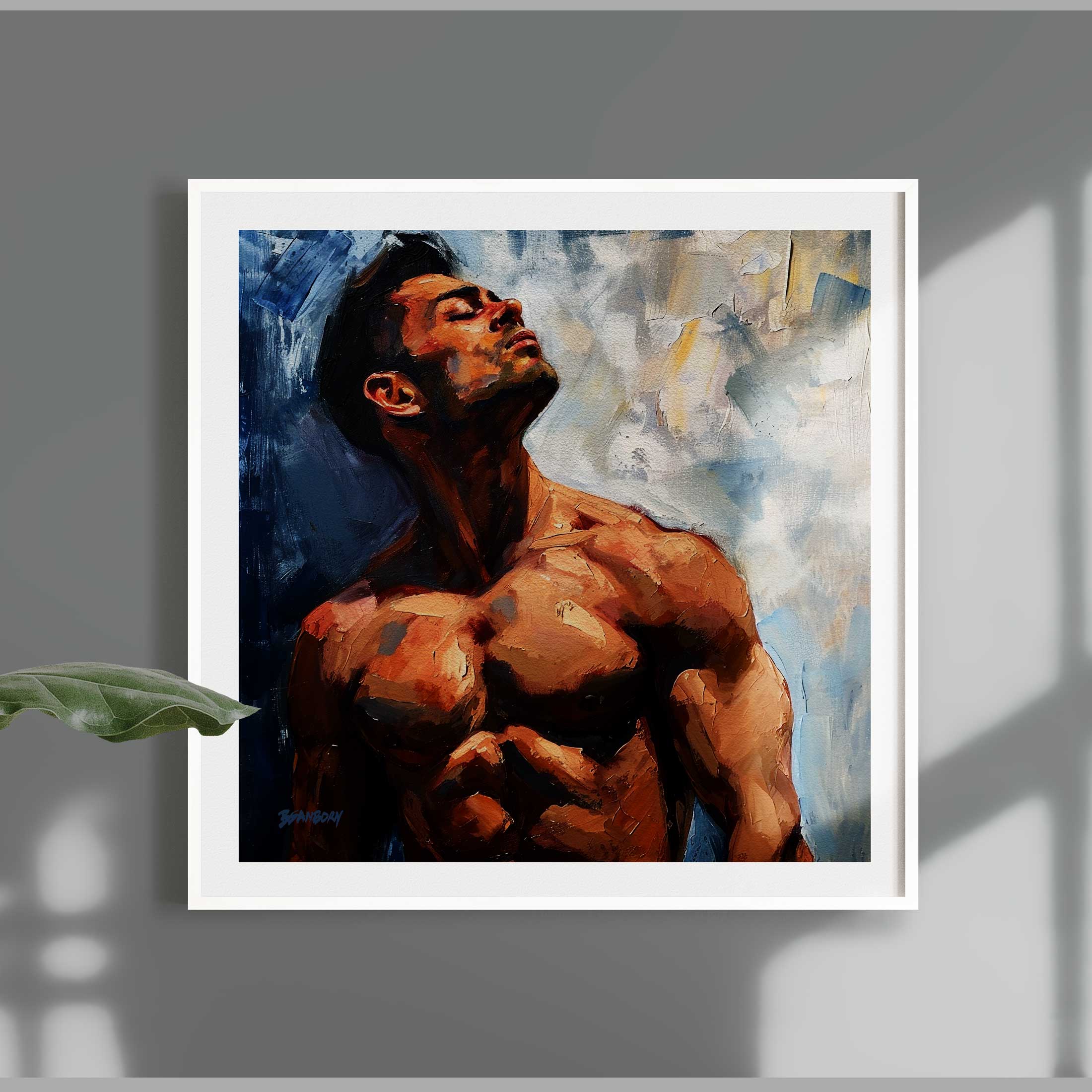 Sunlit Contours - Chiseled Physique Against Blue - Giclee Art Print